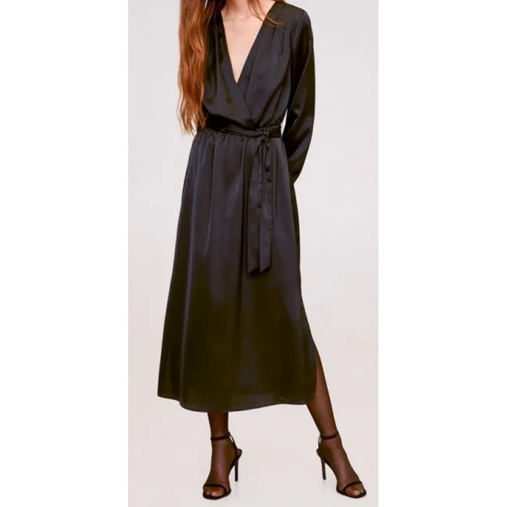 Mango Womens Vegas Satin Wrap Midi Dress V‎ Neck Side Slit Black Sz 2